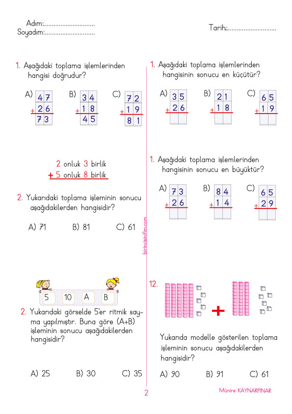 2. SINIF 6. HAFTA MATEMATİK TESTLERİ