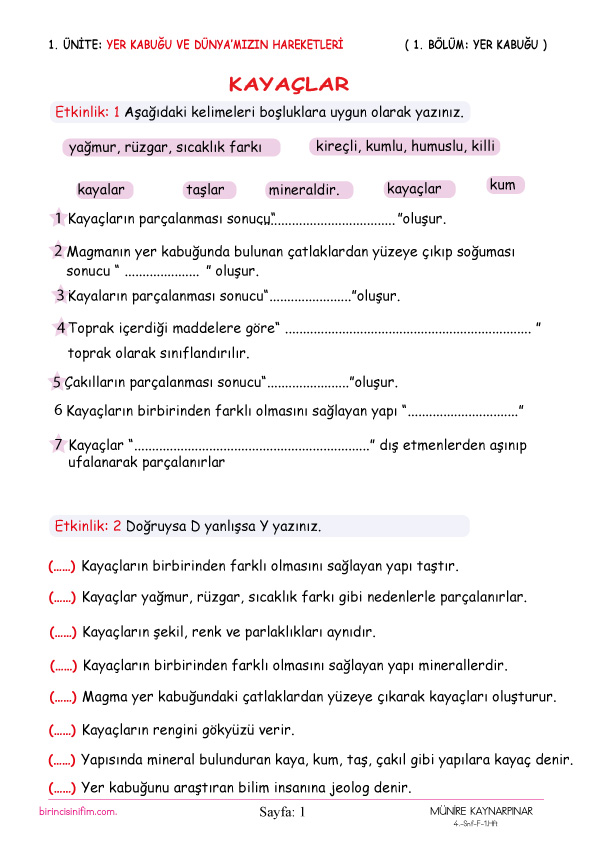 Sınıf Fen Bilimleri ( Yer Kabuğu Etkinliği )